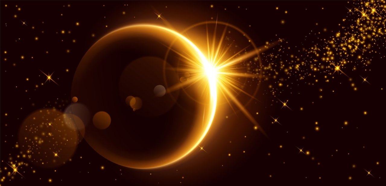Golden light flare effect on black background. Vector realistic illustration of bright solar eclipse shimmering with multiple golden sparkles. Neon yellow ring shining in darkness. Magic energy
