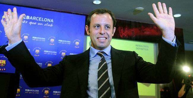 FC Barcelona's new president Sandro Rosell reacts after winning the Catalan club's presidential elections at the Camp Nou Stadium in Barcelona, Spain, Monday, June 14, 2010.