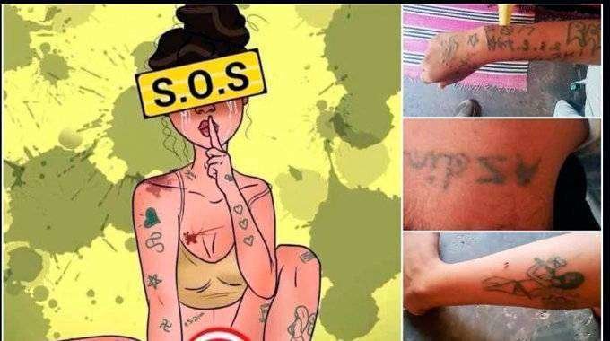 A la izquierda, dibujo que circula en las redes en solidadidad de Khadija; al lado, tatuajes en el cuerpo de la joven