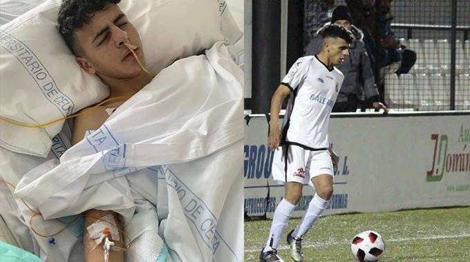 Hamza, en su cama de hospital en una foto difundida por su hermano; a la derecha, en un partido (FACEBOOK/PEPE SEGURA)