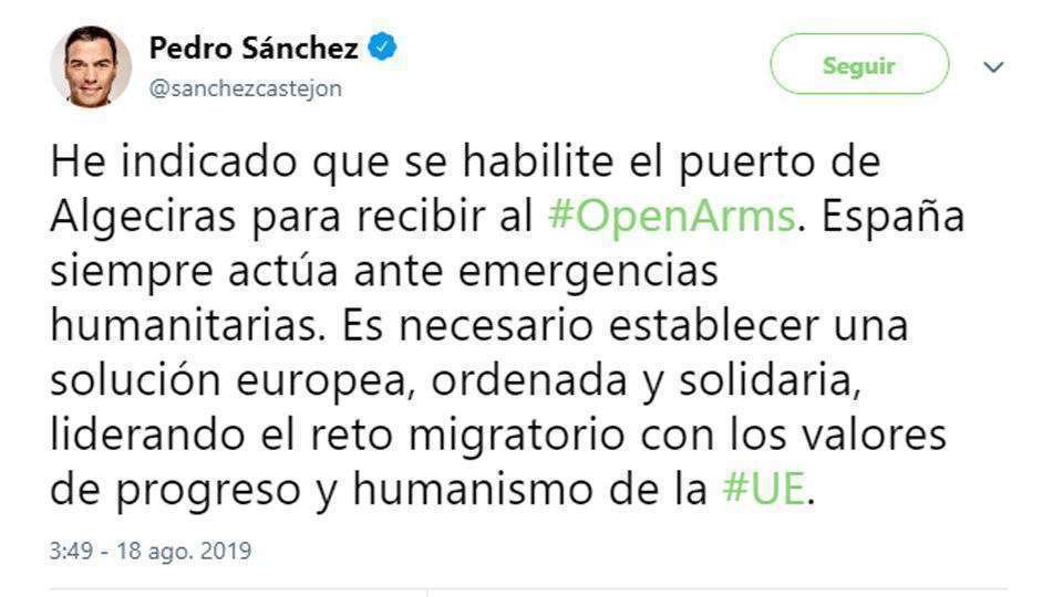 Sánchez ha publicitado su ofrecimiento al &#34;Open Arms&#34; en Twitter (REPRODUCCIÓN)