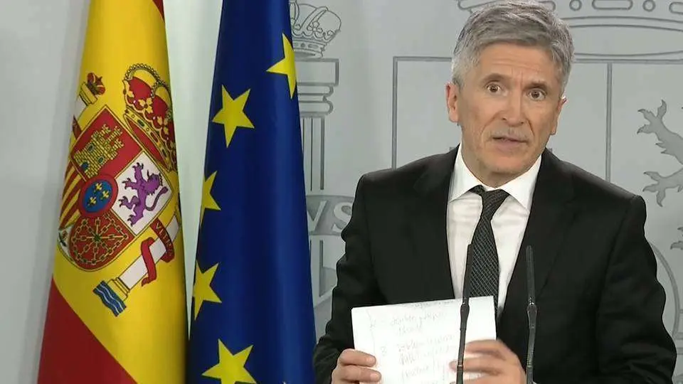 Grande Marlaska, durante su comparecencia ante los periodistas de esta tarde (MONCLOA)
