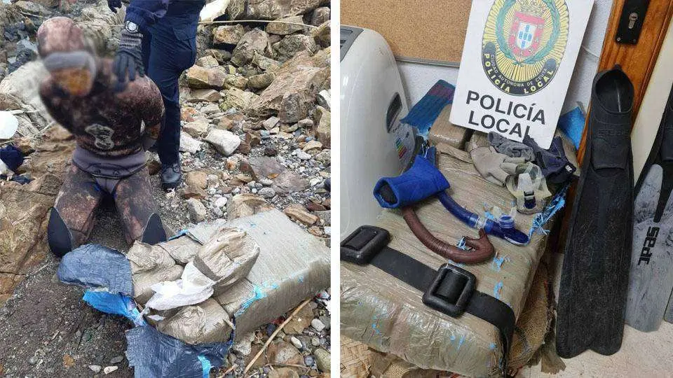 A la izquierda, el nadador arrestado; a la derecha, el material de buceo utilizado para llegar a la costa (POLIC&Iacute;A LOCAL)