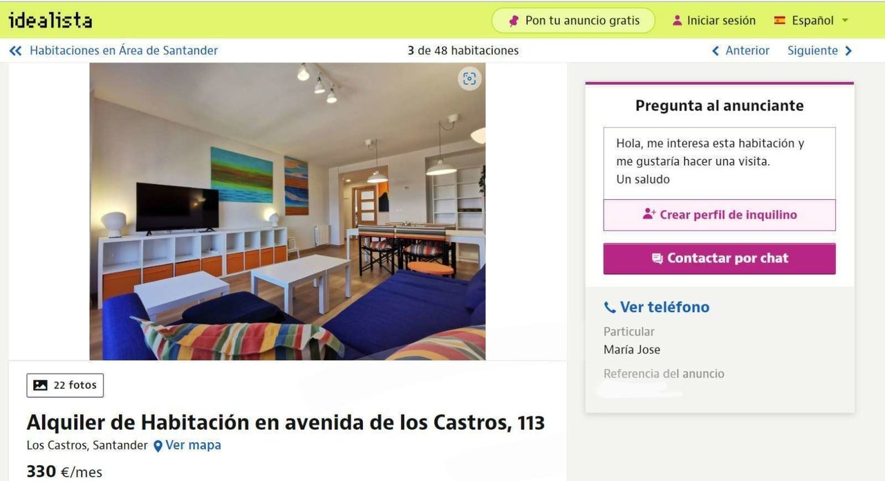 Oferta de piso para compartir en Santander del portal Idealista.