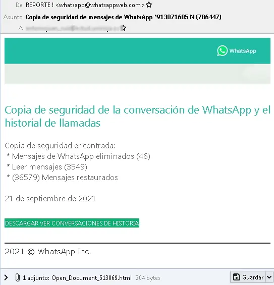 Campa&ntilde;a de emails suplantado a WhastApp con un mensaje que descarga un troyano