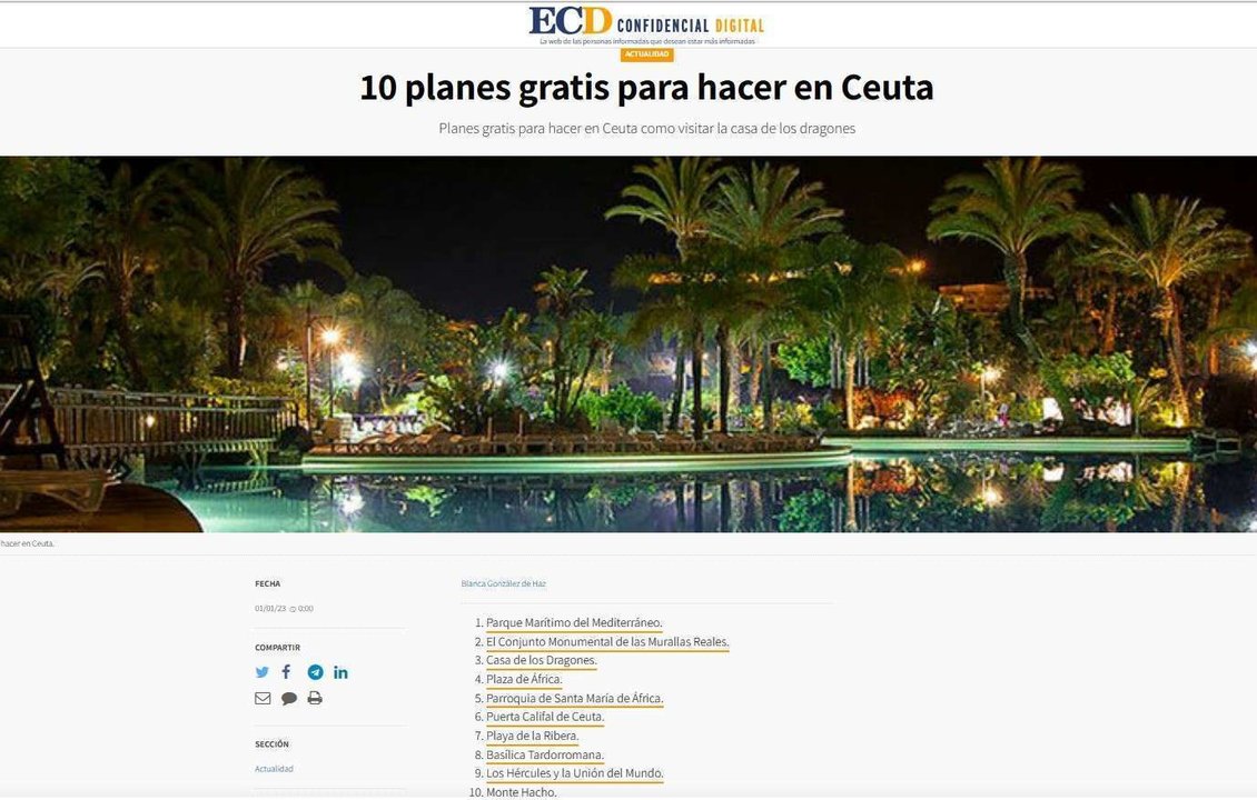"10 planes gratis para hacer en Ceuta", el diario de ámbito nacional "El Confidencial Digital"