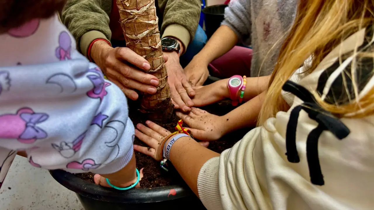 Alumnos del CEIP Lope de Vega asentando una Yuca / E. Arteaga