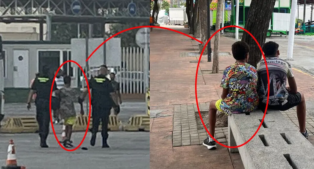  Montaje en el que se ve al menor Mehdi con otro amigo en el ferial por la ma&ntilde;ana y el momento de su captura en el Puerto. 