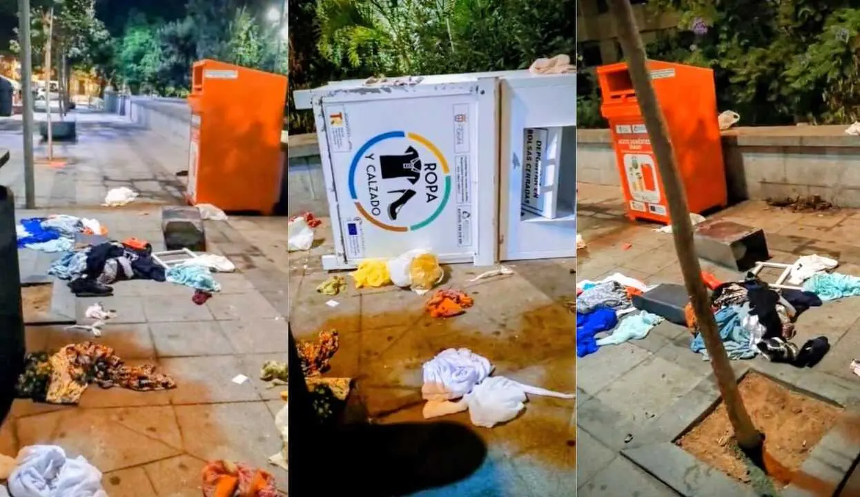 Ropa esparcida por la calle. Los contenedores no soportan los actos vand&aacute;licos