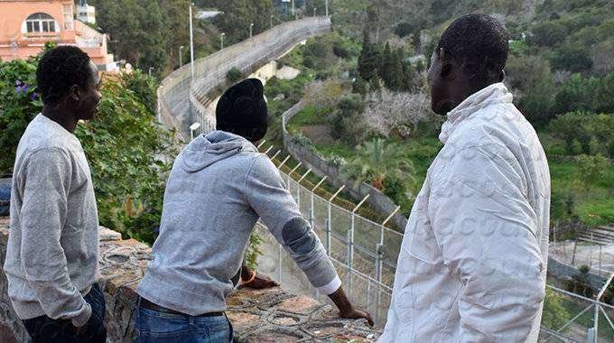 Tres migrantes contemplan la valla desde territorio español (C.A./ARCHIVO)