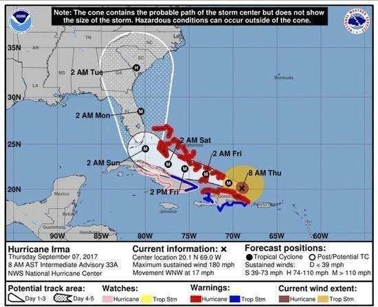 El ojo de Irma se moverá hoy sobre el norte de R.Dominicana y Haití y el sureste Bahamas