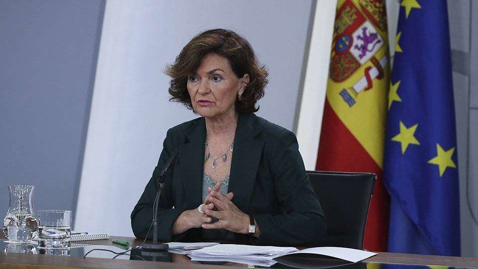 La portavoz del Gobierno, Carmen Calvo, en su comparecencia de hoy tras el Consejo de Ministros (MONCLOA)