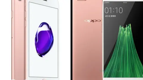 iPhone 7 y OPPO R11. Apple y Oppo.