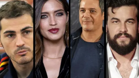 Iker Casillas, futbolista; Sara Carbonero, periodista; Alejandro Sanz, cantante; y Mario Casas, actor. RR SS.