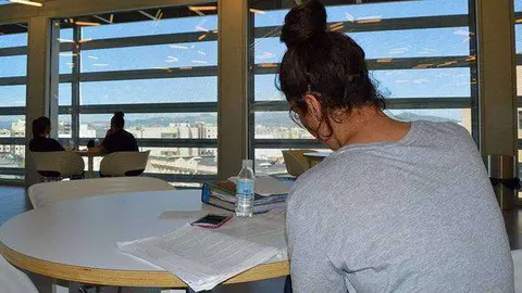 Una estudiante lee un libro en la biblioteca "Adolfo Su&aacute;rez" (C.A.)