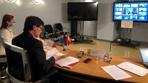 Un momento de la reuni&oacute;n mantenida por Illa con sus hom&oacute;logos europeos (MONCLOA)