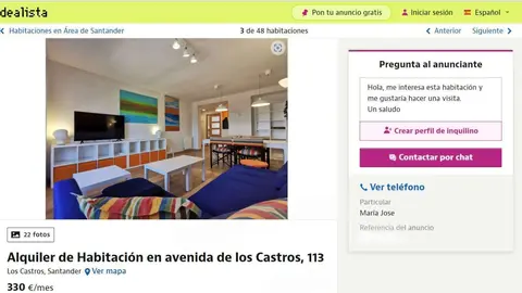 Oferta de piso para compartir en Santander del portal Idealista.