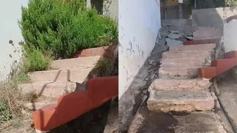 El antes y el despu&eacute;s de las escaleras que llevan a la puerta principal de Rahma