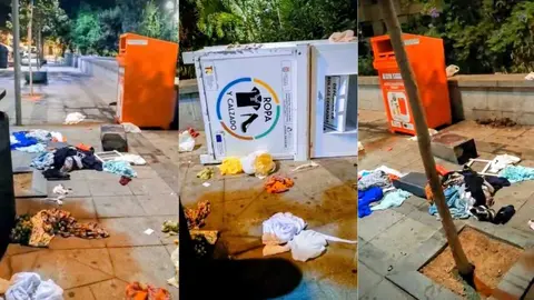 Ropa esparcida por la calle. Los contenedores no soportan los actos vand&aacute;licos