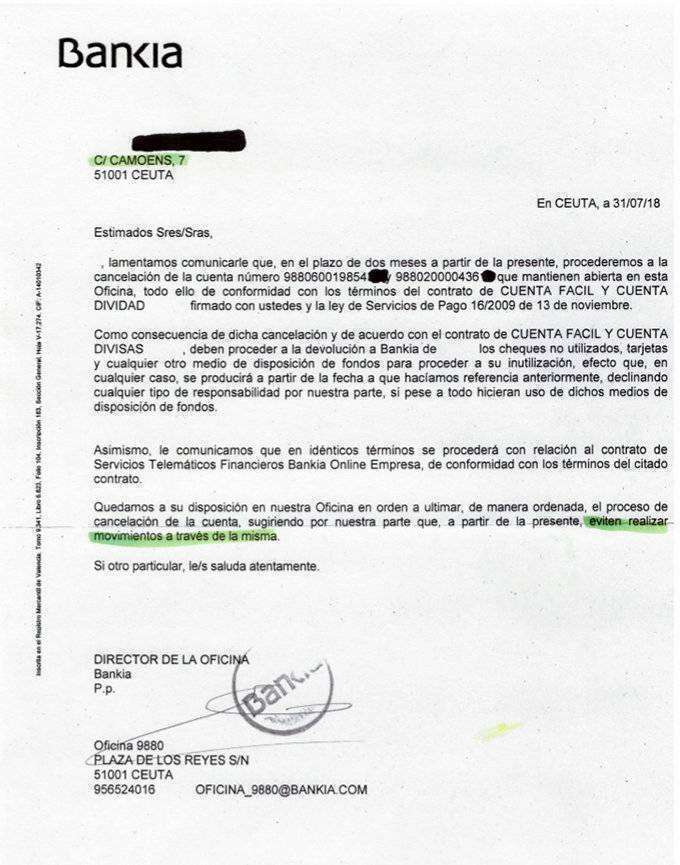 Escrito remitido por el banco Bankia a un empresario
