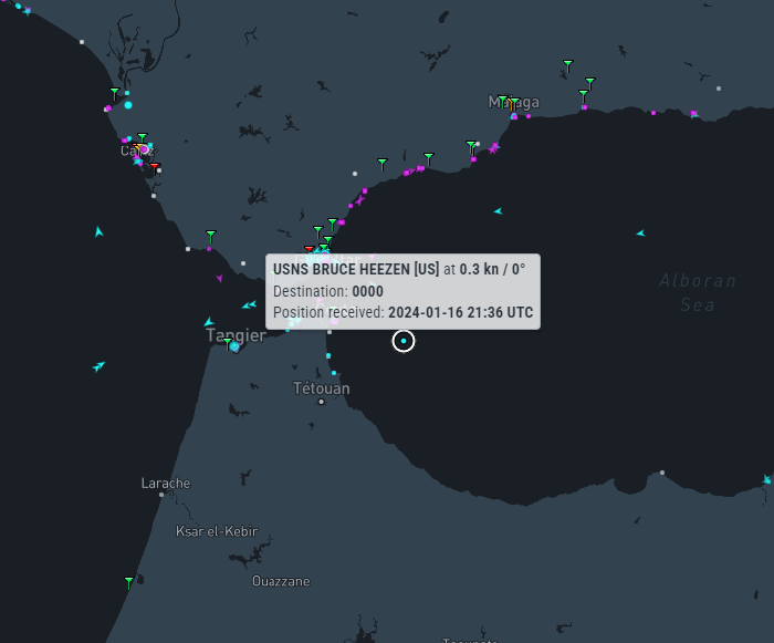 Derrota del USNS Bruce C. Heezen del 16 de enero de 2024  (Captura MarineTraffic)