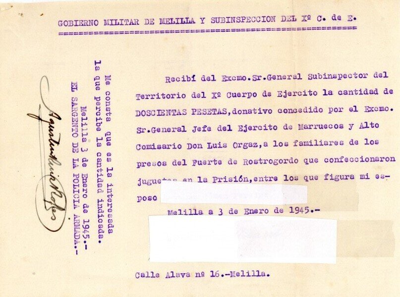 Recibo de entrega donativo a esposa de un preso