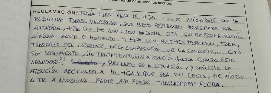 Reclamación de una madre cuya hija está sin atención pisquiátrica / Cedida